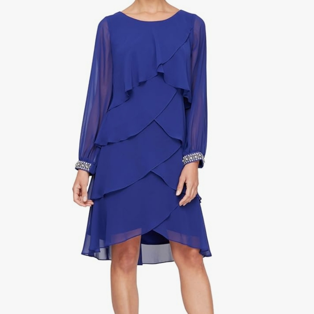 Blue Chiffon Tiered Dress With Beaded Shoulder, sz 8